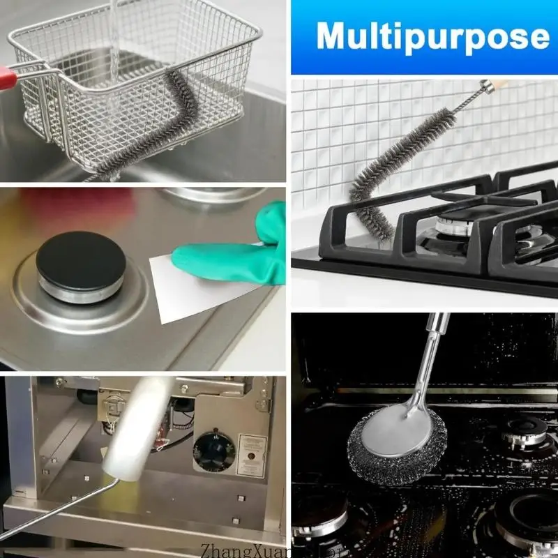 L Form Oil Cooker Cleaning Brush Set with Scraper and Hook, 6 Piece Deep Cooker Care Assortment for Narrow Channels, Sidewalls