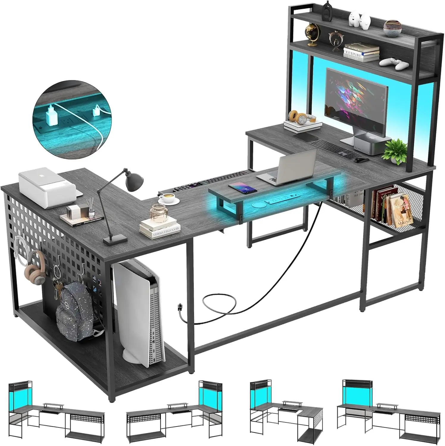 83 Inches U Shaped Desk with Power Outlet, L Shaped Office Desk with LED Lights and Monitor Stand, Reversible L-Shaped Computer