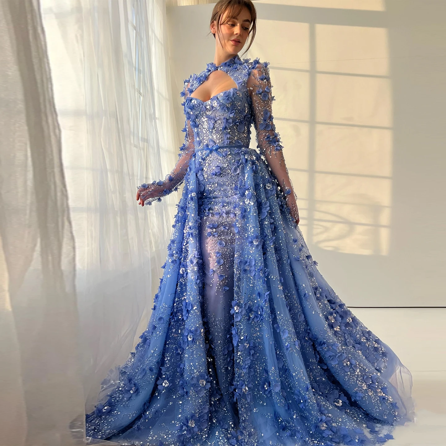 

Sharon Said Elegant Royal Blue Mermaid Evening Dress Long Sleeve 3D Flowers Overskirt Wonen Wedding Party Gown SS647 Customized