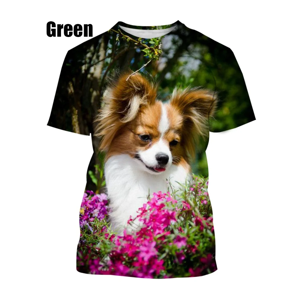 New Fashion Pet Dog Papillon 3D Printing T-Shirt Summer Casual Men/Female Hip Hop Breathable Short Sleeve T-Shirt