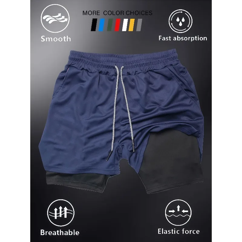 2-in-1 men's running shorts solid color fast drying smooth breathable elastic double compression lining drawstring sports shorts