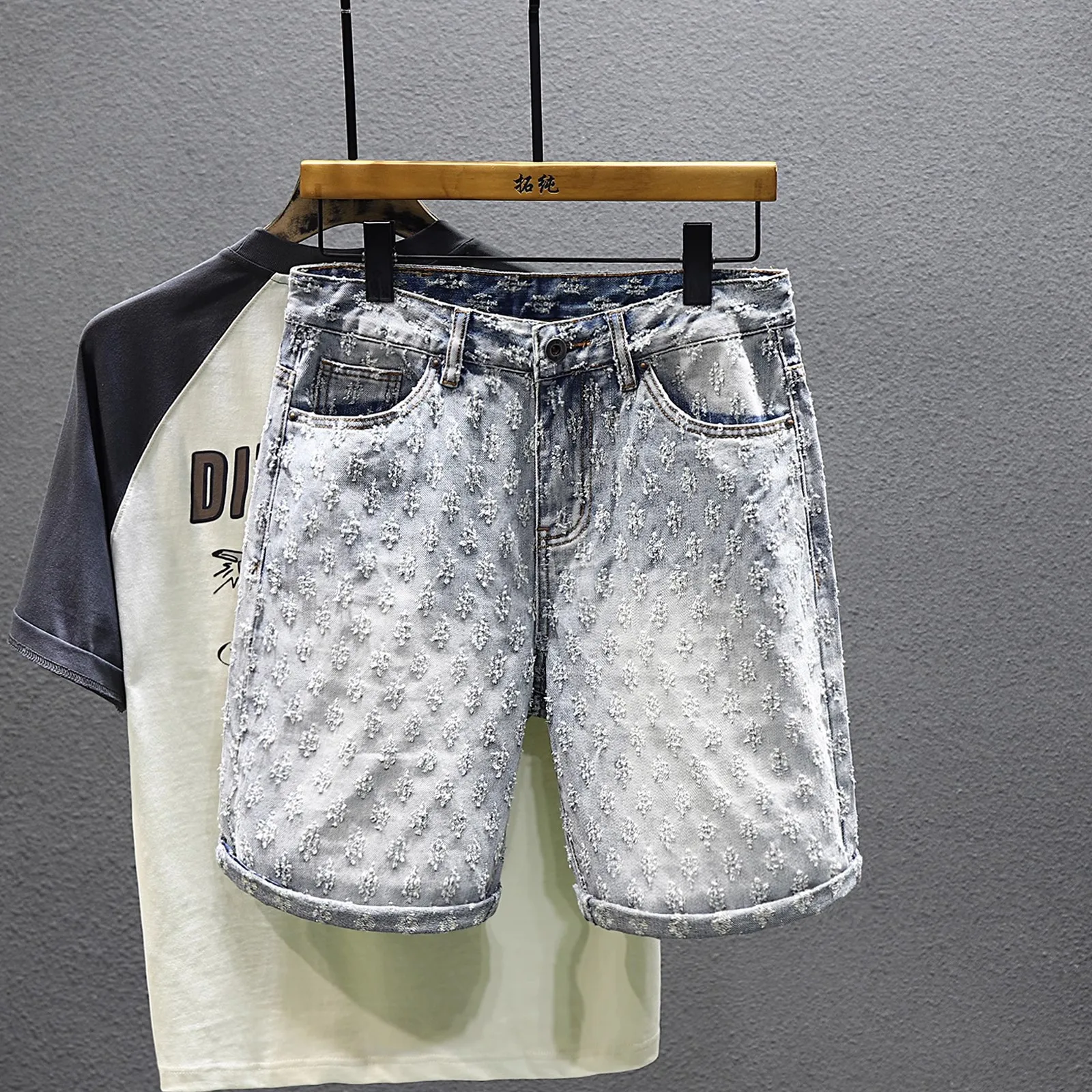 

New Fashion Men Jacquard Denim Shorts Jeans Stretch Casual Trendy Denim Shorts Man Light Blue Jeans High Quality Cotton Shorts