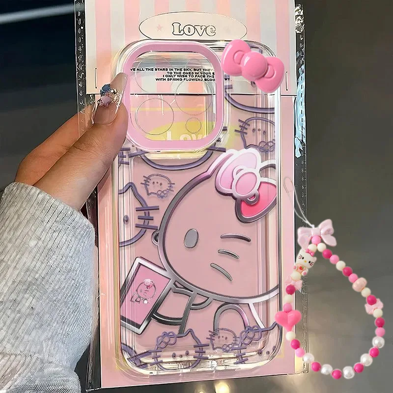 Sanrio Cartoon Hello Kitty Luxury Pink Bow Phone Case For iPhone 16 15 14 13 12 11 Pro Max XR XS MAX 7 8 Plus Y2K Kawaii Cover