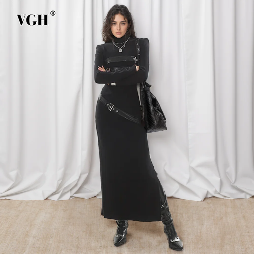 VGH Patchwork Belts Solid Dresses For Women High Collar Long Sleeve Cinched Waist Temperament Elegancka długa sukienka damska 2024 Nowość