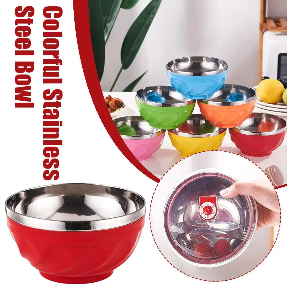 Candy Color Double-layer Stainless Steel Bowl Creative Children Dinnerware Insulation Heat Noodle Soup Rice M8E1