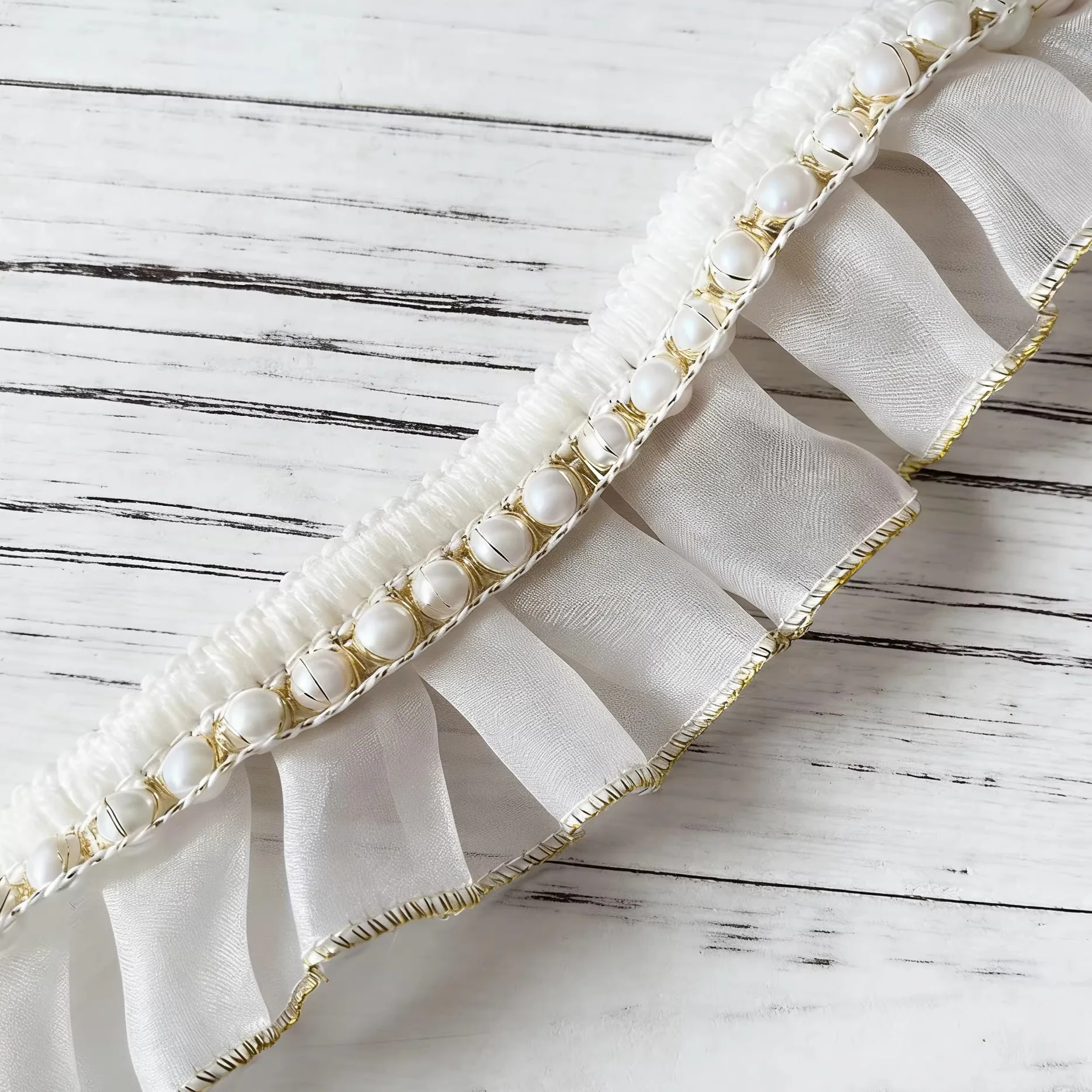 

10yard 4cm wide Pleated pearl lace trim,handmade DIY Clothing cuffs,collar accessories lace ribbon