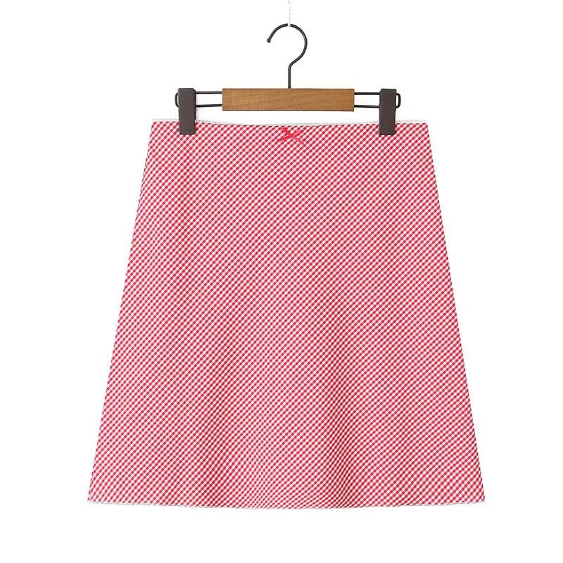 YENKYE New Women Cotton Red Plaid Summer Skirt Sexy Low Waist Knee Length A-line Lady Skirts