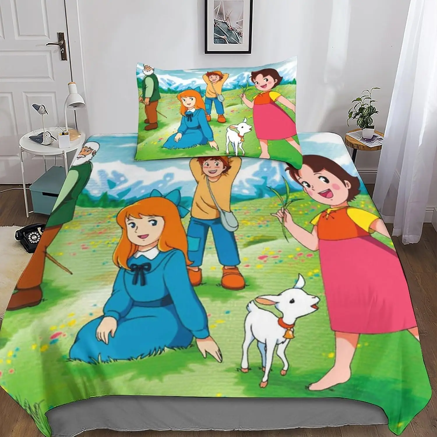 Anime Girls Duvet Cover Set,Funny Heidi and Family Cartoon Print Cartoon Print Quilt Cover Bedding Set Matching Pillowcase 75*50