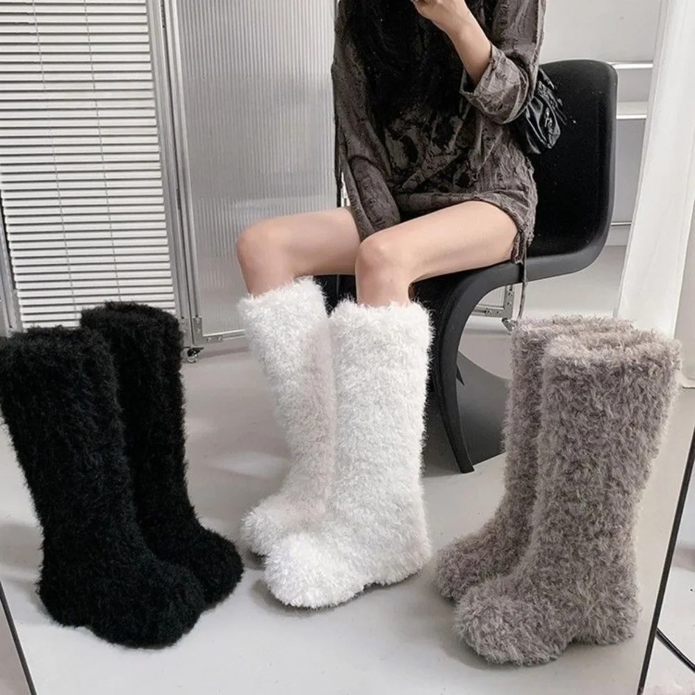 

2025 Fluffy Fur High Boots for Women Boots Winter Artificial Plush Korean Fashion Height-increasing Women Long Snow Boots
