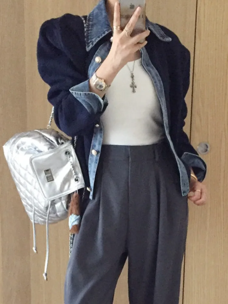 

Осень-зима джинсовый лоскутный свитер с воротником-стойкой Jaet женский модный топ на одной пуговице Ele Aosphere Top Commute Sle Re...