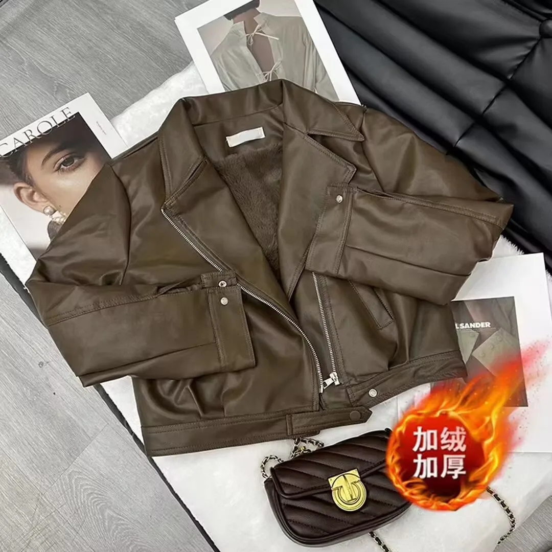 ขั้นสูงหญิงแขนยาว PU หนังยุโรปผู้หญิงเสื้อหนัง Faux ฤดูใบไม้ผลิฤดูใบไม้ร่วงสุภาพสตรี Flip COLLAR Outcoat