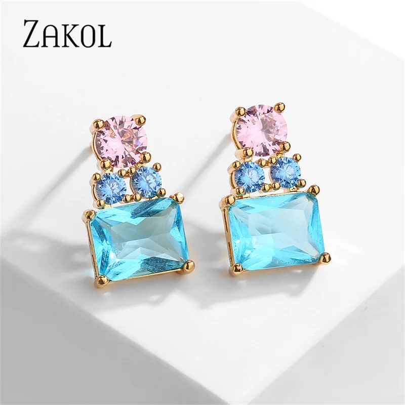 ZAKOL New Sliver Color Square Cubic Zirconia Stud Earrings for Women Light Blue Pink Bottle Crystal Earring Girls Party Jewelry