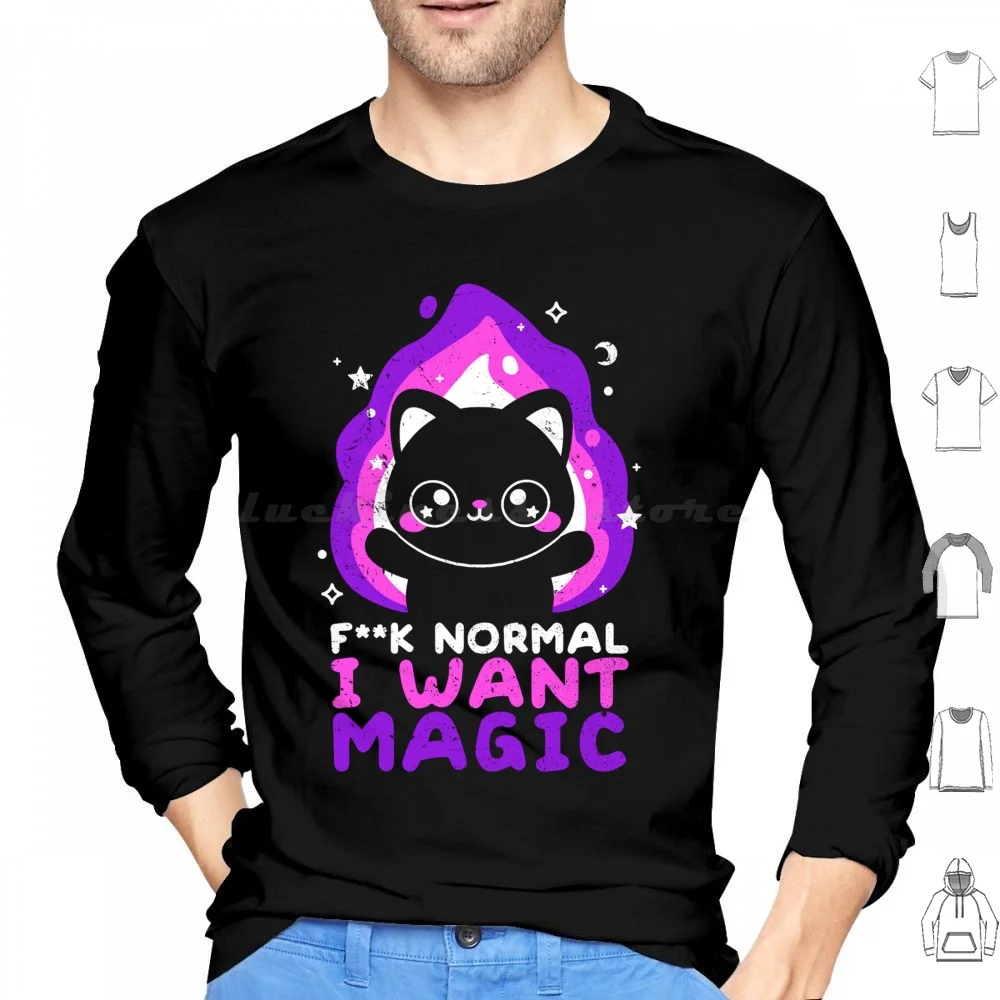 Magicat Want Magic Hoodies Long Sleeve I Want Magic Normal Cute Cat Chibi Normal I Want Magic Meow Meowgical Wizard