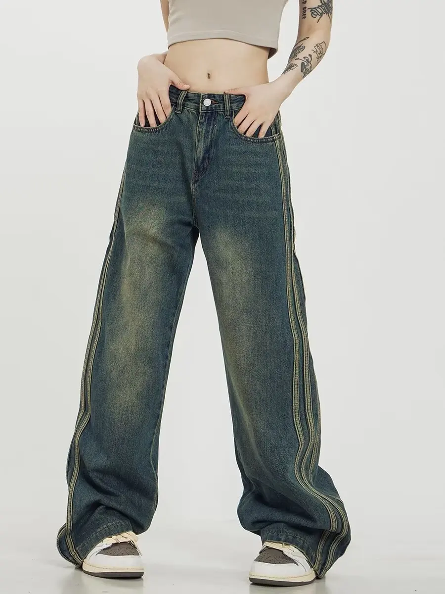 Koreanische Mode Damen Vintage High Taille Streetwear Stil Blue Jeans Hosen weites Bein Baggy Y2k Baggy Denim Hose weiblich