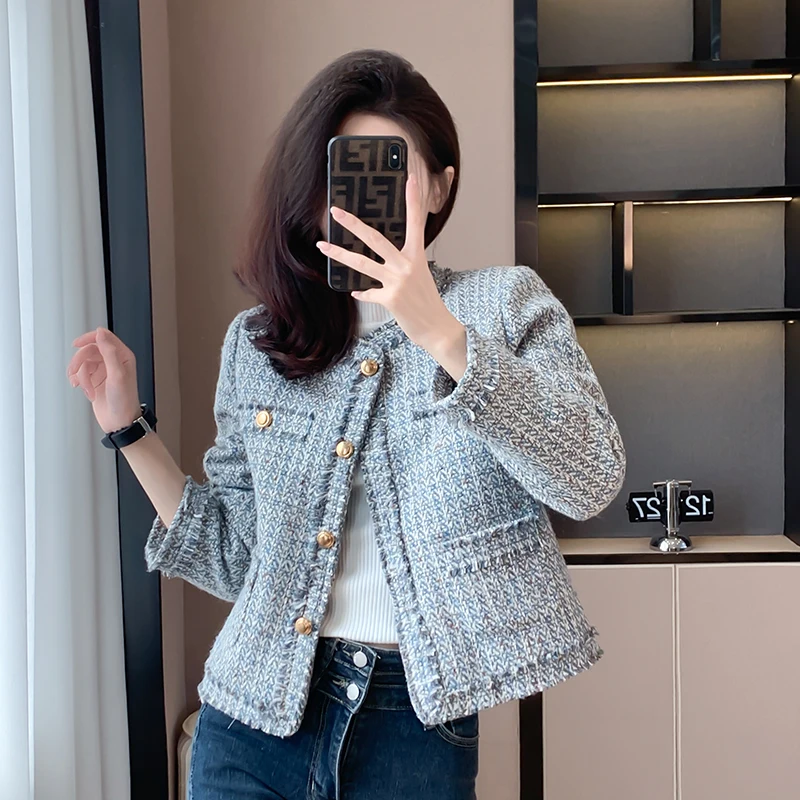 New Luxury High End Woolen Women's Jacket Small Fragrance O-neck Long Sleeve Winter Downs Inner Elegant Tweed Coat OL Outwear