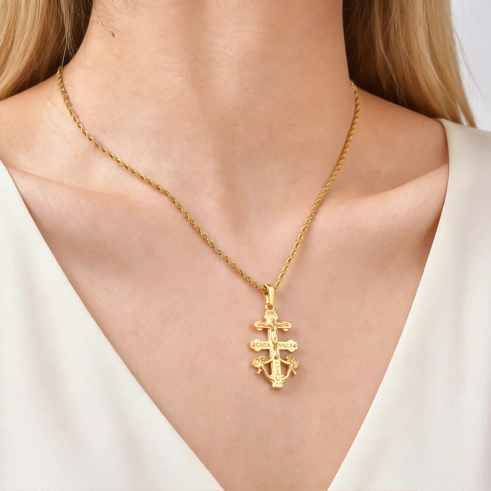 

Caravaca Cross Necklace Holy Double Cross Angel Pendant Religious Catholic Christian Jewelry Protection Amulet Gift for Women