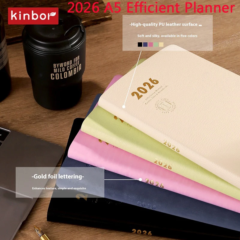 KINBOR 2026 A5-Planer, PU-Leder, effizient, zeitblockiert, ein Tag pro Seite, Planung und Ziele, Tracking, Todo-Liste, Notizblock für Geschenke
