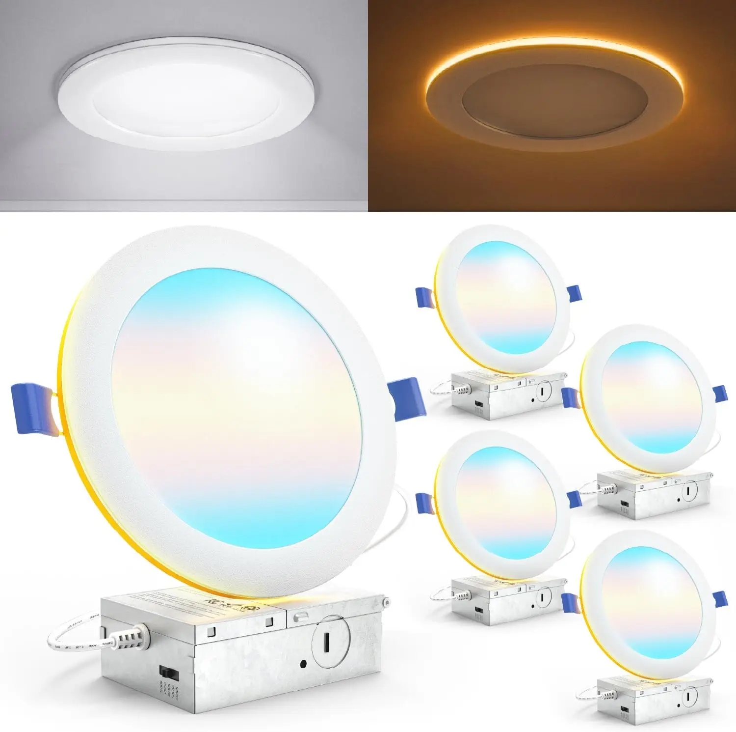 

6 Inch Slim LED Recessed Light with Night Light, 1500LM Dimmable, Selectable CCT 2700K-6000K, Easy Install 4 Pack