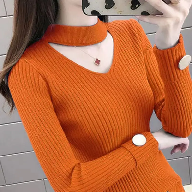 Autumn Winter Women\'s Half High Collar Solid Color Pullover Long Sleeve Screw Thread Hollow Out Sweater Knitted Elegant Tops