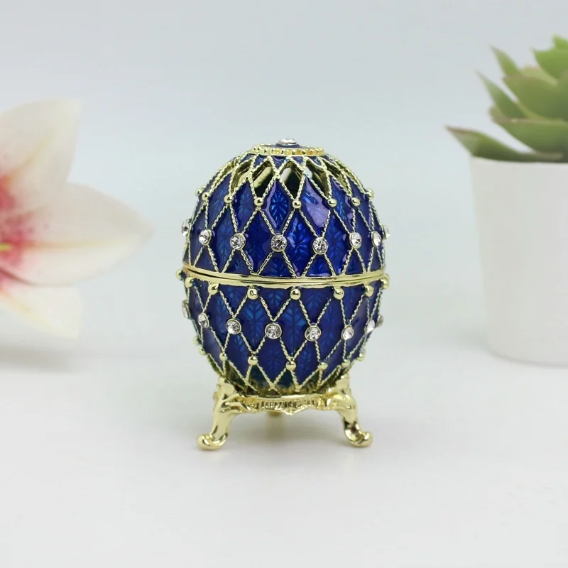 SHINNYGIFTS Enameled Fabergé Egg Jewelry Box Style Decorative Easter Eggs Trinket Box with Shiny Crystal Collectibles