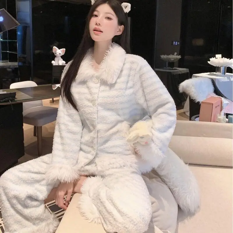 

Fluffy Pajamas Women Sweet Style Coral Fleece Thick Double Sided Plush Homewear Set Winter Autumn New Cozy Loungewear Cute