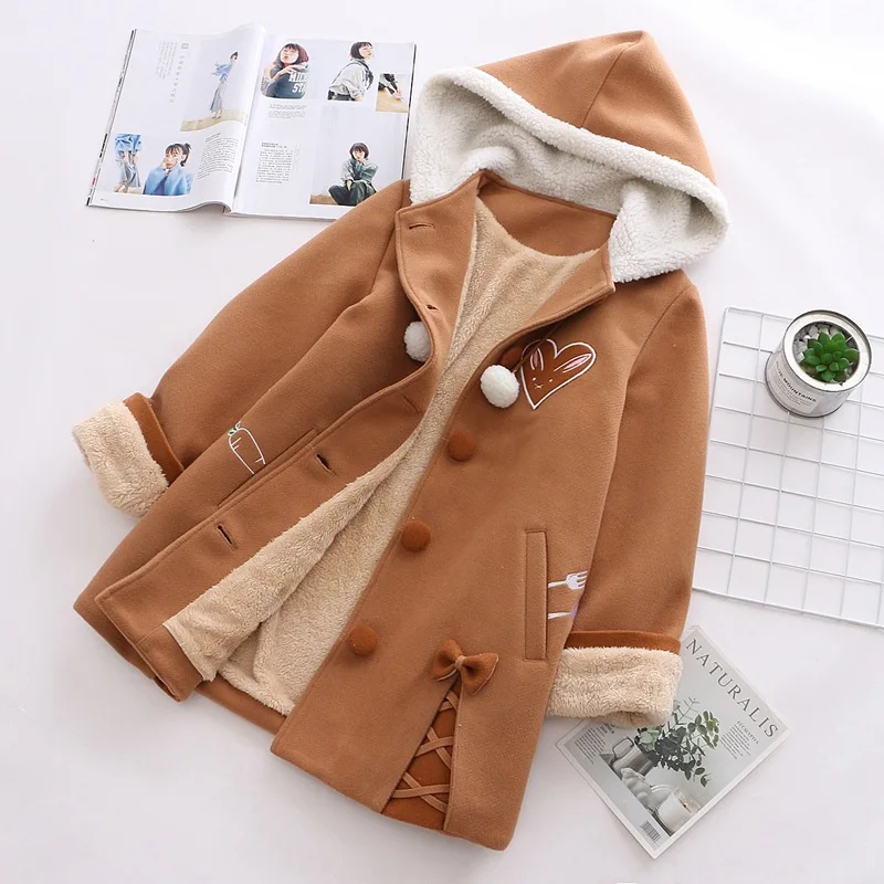 Japanese Soft Sister Cute Radish Embroidered Women Woolen Hooded Coat 2023 Winter Casual Bow Sweet Kawaii Loose Brown Jackets