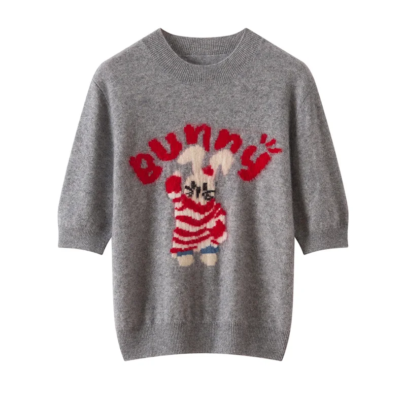 

Spring and Summer 100% Pure Cashmere Short-Sleeve Women'S Round Neck Knitted Jacquard Cartoon Rabbit Half-Sleeve Sweater T-Shirt