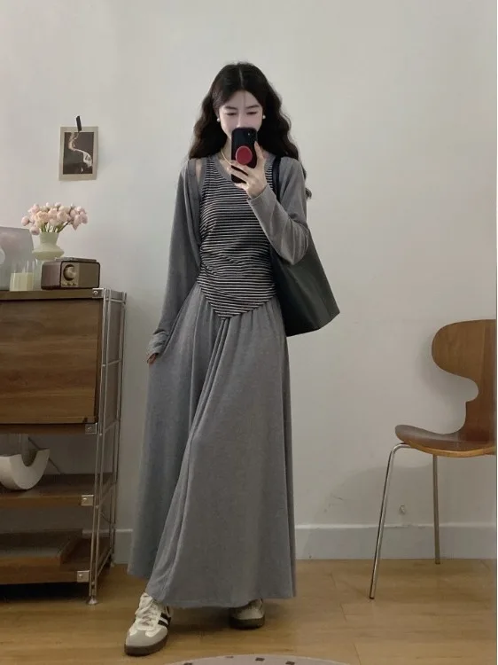 

Женский винтажный вязаный топ-жилет в полоску с цветовыми блоками больших размеров и юбка с высокой талией и драпировкой, осенняя модная корейская вязаная одежда с длинными рукавами