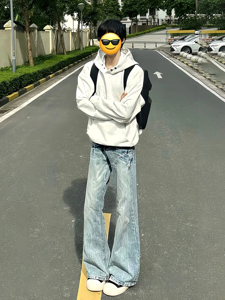 

Blue American Lightning Pattern Flared Jeans Men's OOTD Autumn Slim Straight Long Pants Low Waist Zipper Casual Wear Resistant