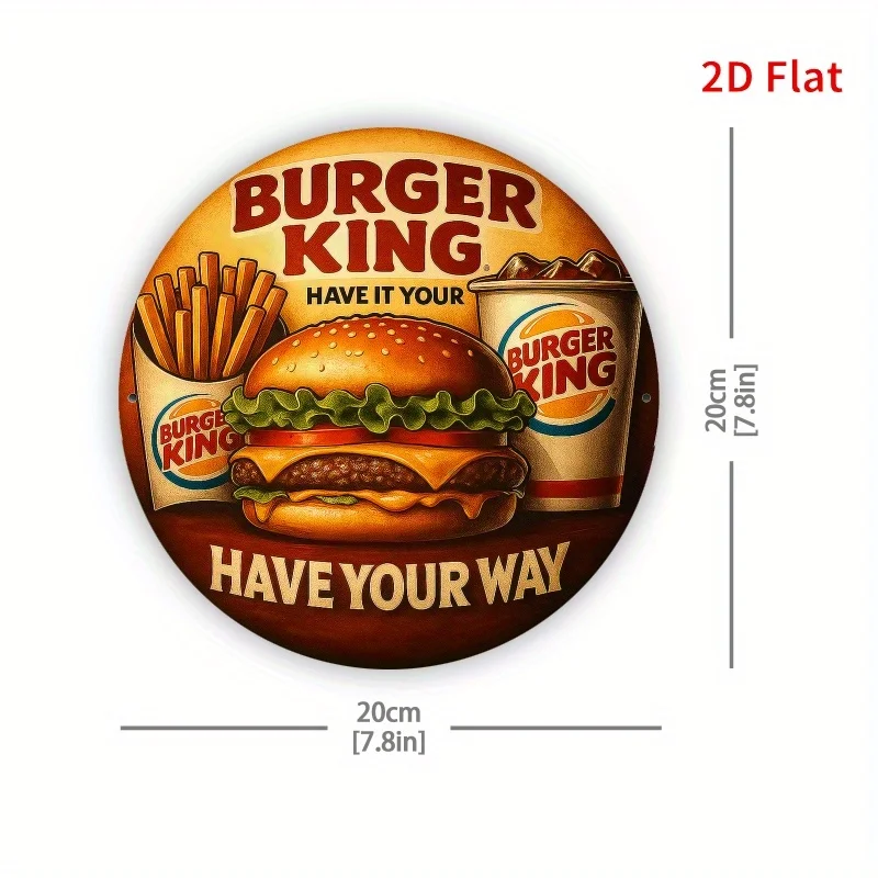 2D Flat Round Vintage Fast Food Metal Sign, Burger Fries Soda Drink Retro Plaque, 7.87in Diner Cafe Kitchen Wall Decor