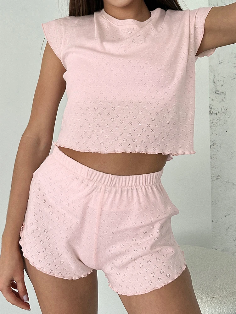 Hiloc Knitted Pajamas For Women 2 Piece Sets Pink Short Sleeve O Neck Sleepwear Female Casual Suits With Shorts Summer 2024