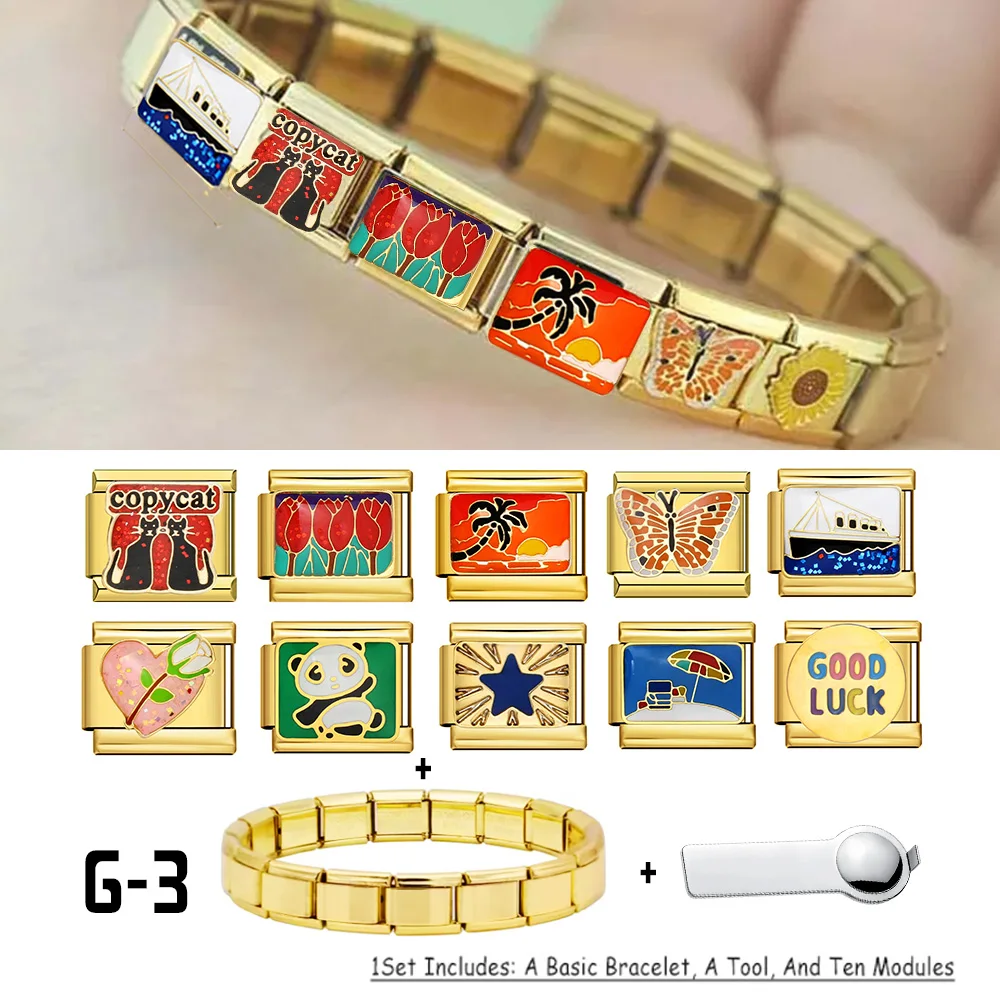12pcs/ lot Gold Color Italian Charm Bracelet Set with Basic Bangle Tool Pack for Woman Men Daily Birth Fashion Gift Freeshipping
