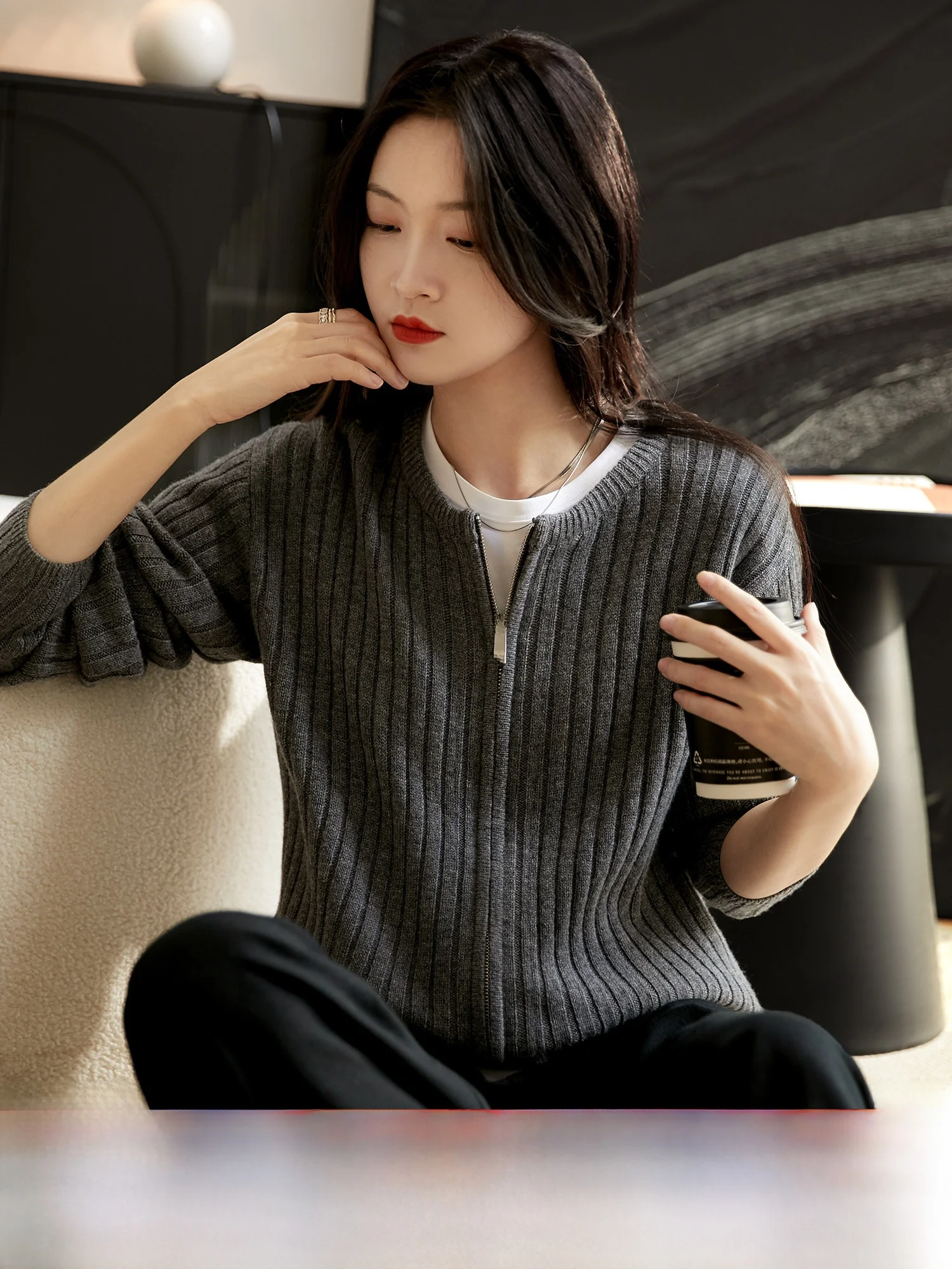 

Xhange Sle Lazy Knitted Wool Camere Zipper round Ne Coat Women's Casual Long Sve Cardigan Commute Sle Autumn Faion