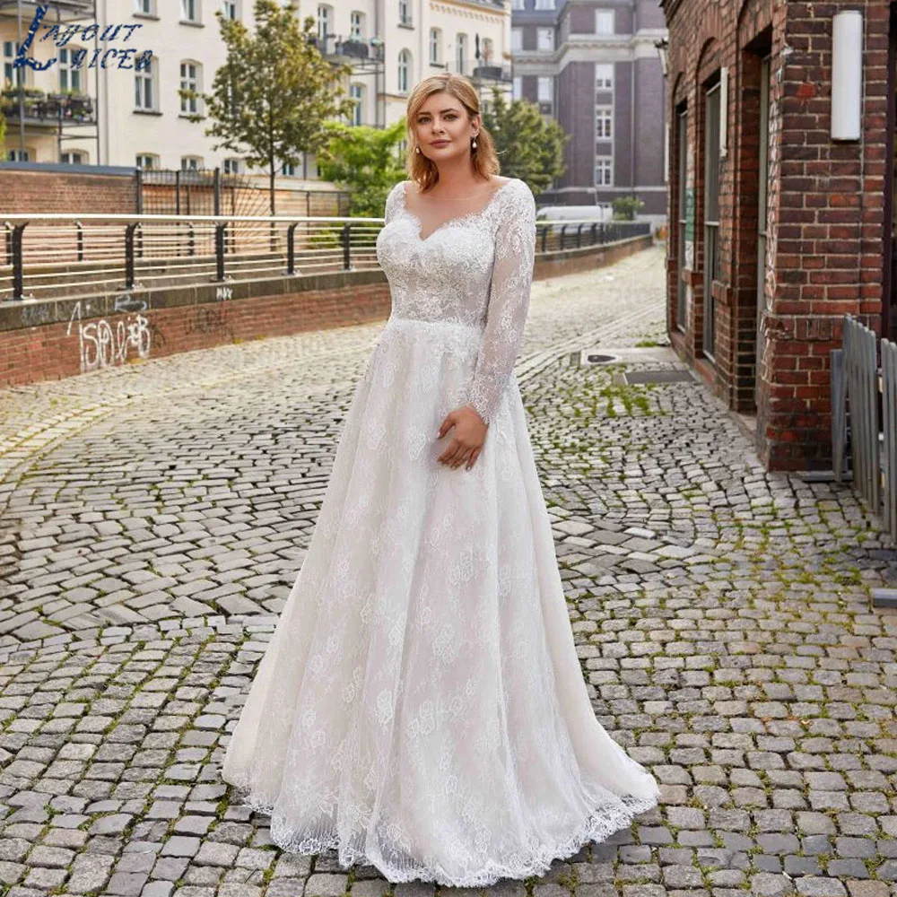 

LAYOUT NICEB Plus Size wedding dress for bride A-Line Backless Appliques Gowns O-Neck Long Sleeve vestidos de novia Customized