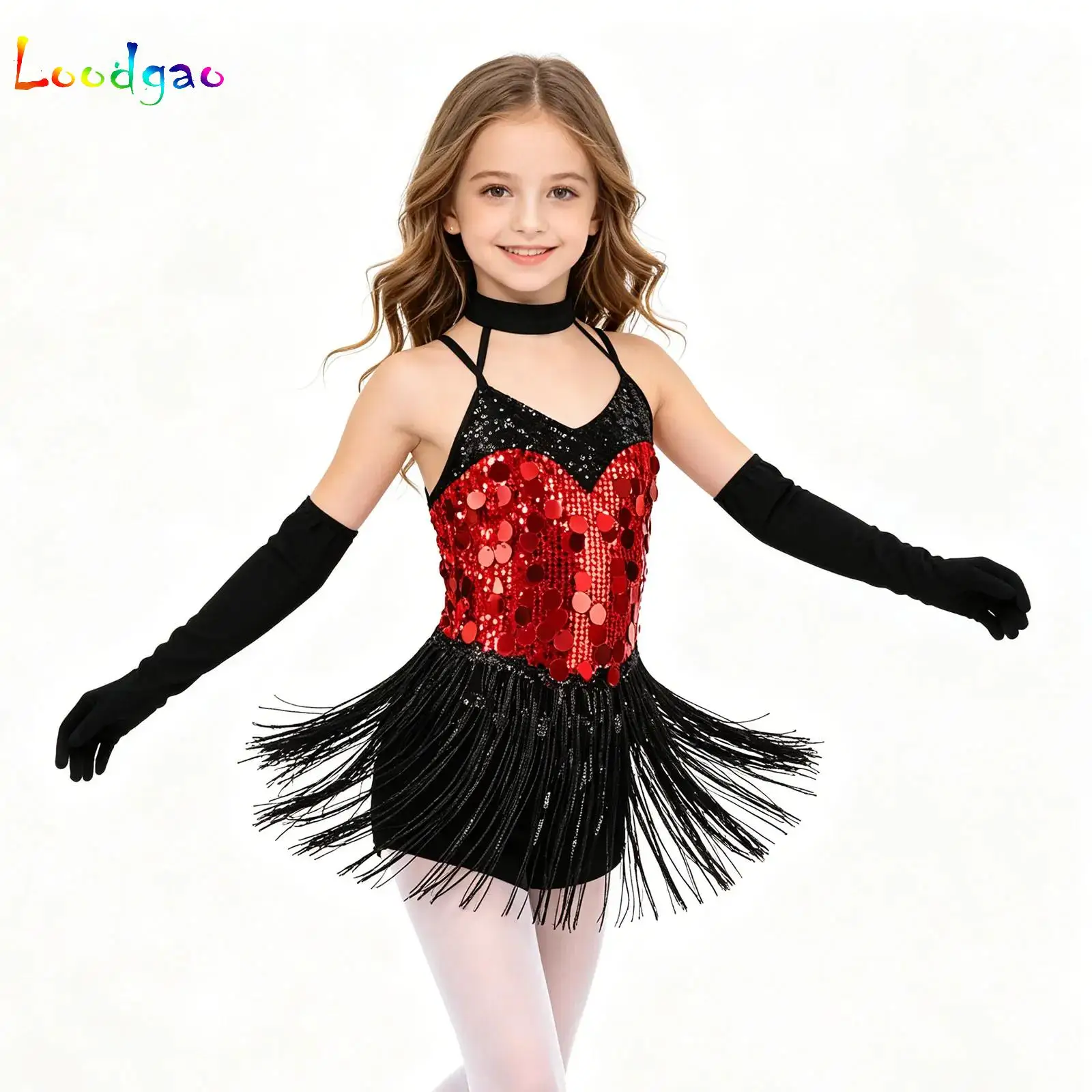 Kids Girls Modern Dance Dress Performance Costume Sequins Latin Jazz Tango Salsa Dance Leotard Fringed Bodysuit Dress+Gloves Set