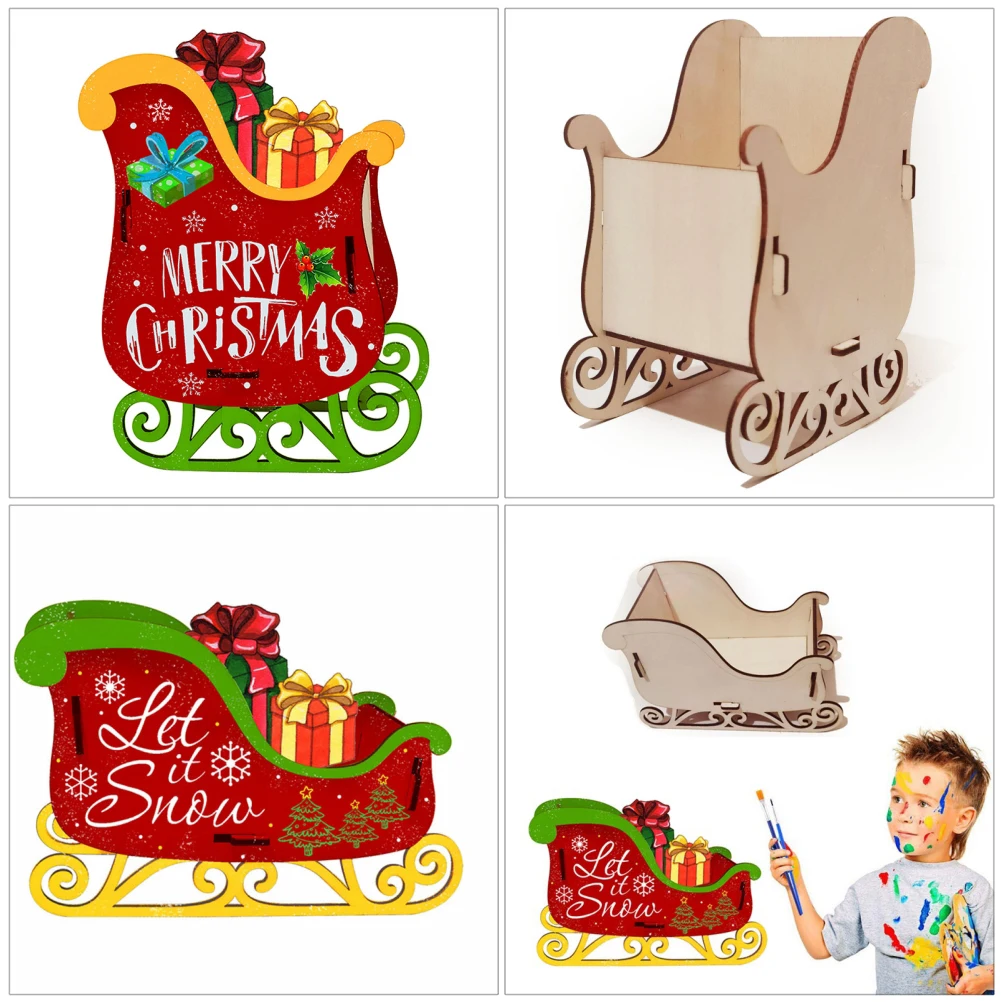 

1 Set Christmas Desktop Diy Wooden Unfinished Sleigh Ornament For Graffiti Painting With 2 Paint Pens 12 Colors Easy Plug-In