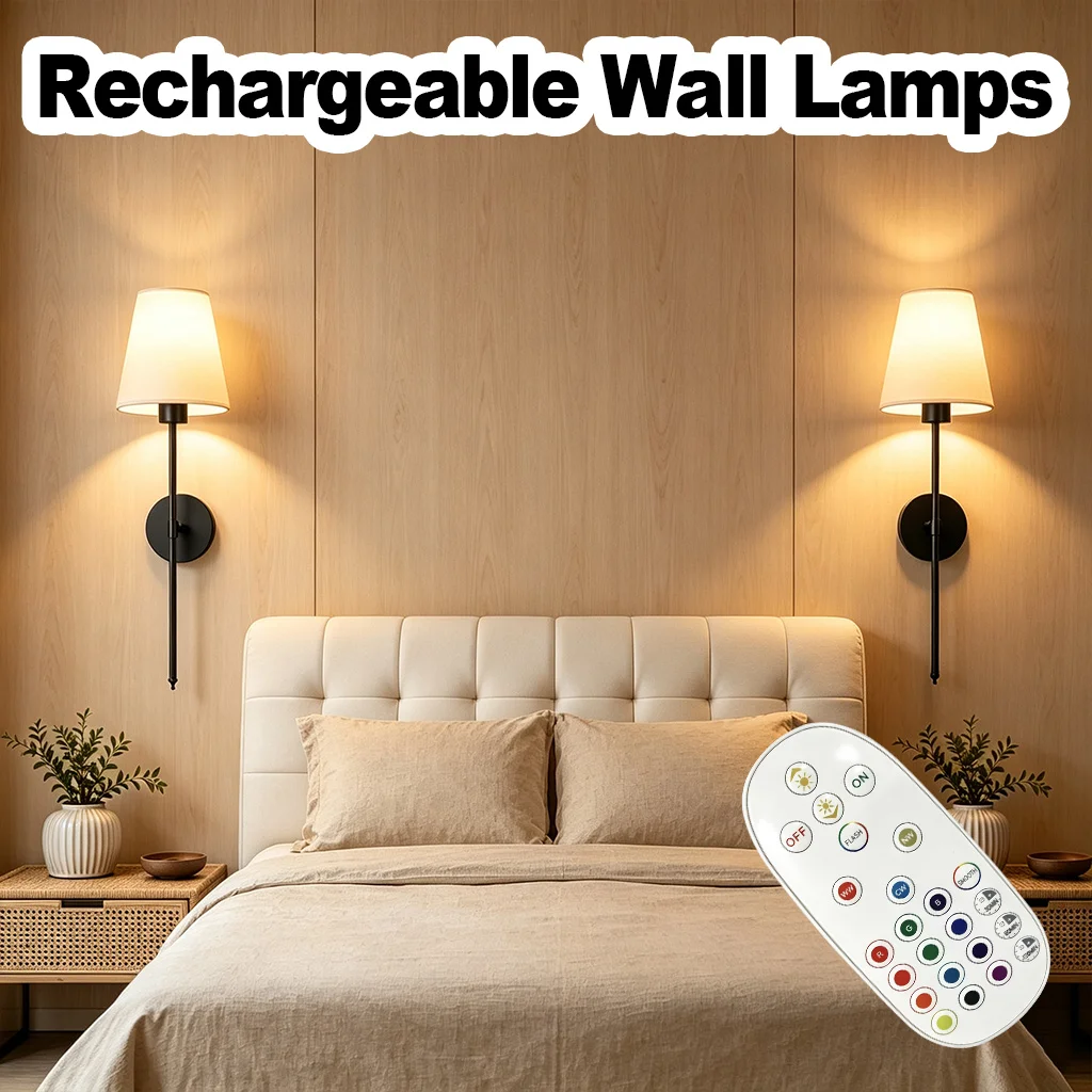 appliques-murales-rechargeables-par-usb-300-lumens-15-couleurs-rgb-5-niveaux-de-luminosite-intensite-reglable-cadre-en-fer-dore-abat-jour-texture-en-lin-sans-fil