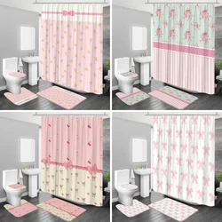 1/4 Pcs Cute Bow Shower Curtain Set Modern Simple Plaid Love Heart European Lace Bathroom Decor Toilet Cover Carpet With Hooks