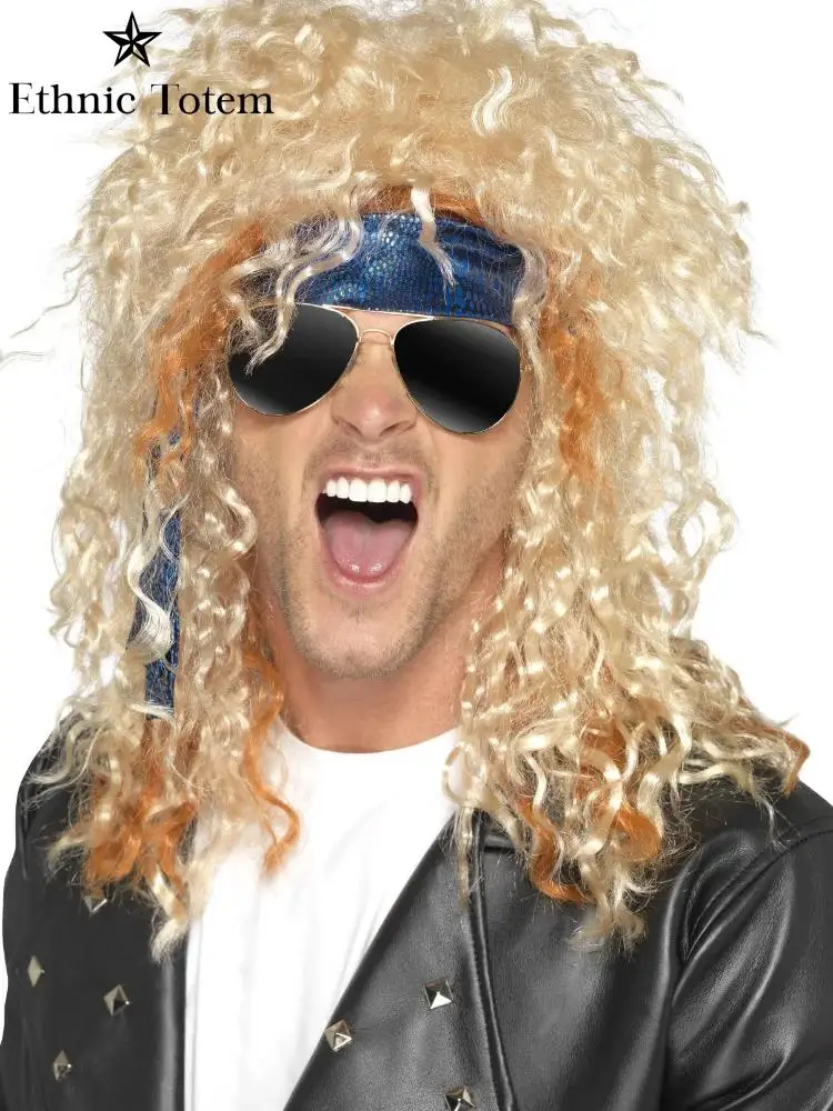 Black Curly Wigs for Men Women 80s Rockers Cosplay Costume Blonde Wig Retro Punk Disco Synthetic Hair