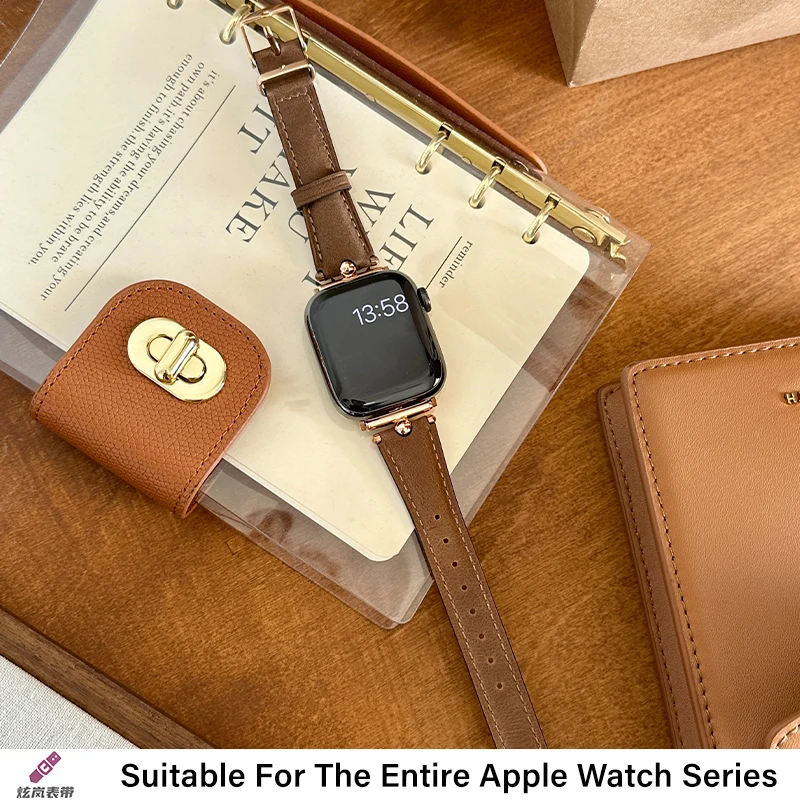 Новый кожаный ремешок для Apple Watch Кожаный ремешок 41 мм-45 мм 49 мм 38 мм 40 мм 42 мм 44 мм Тонкий браслет iwatch series ultra 2 9 8 7 6 5