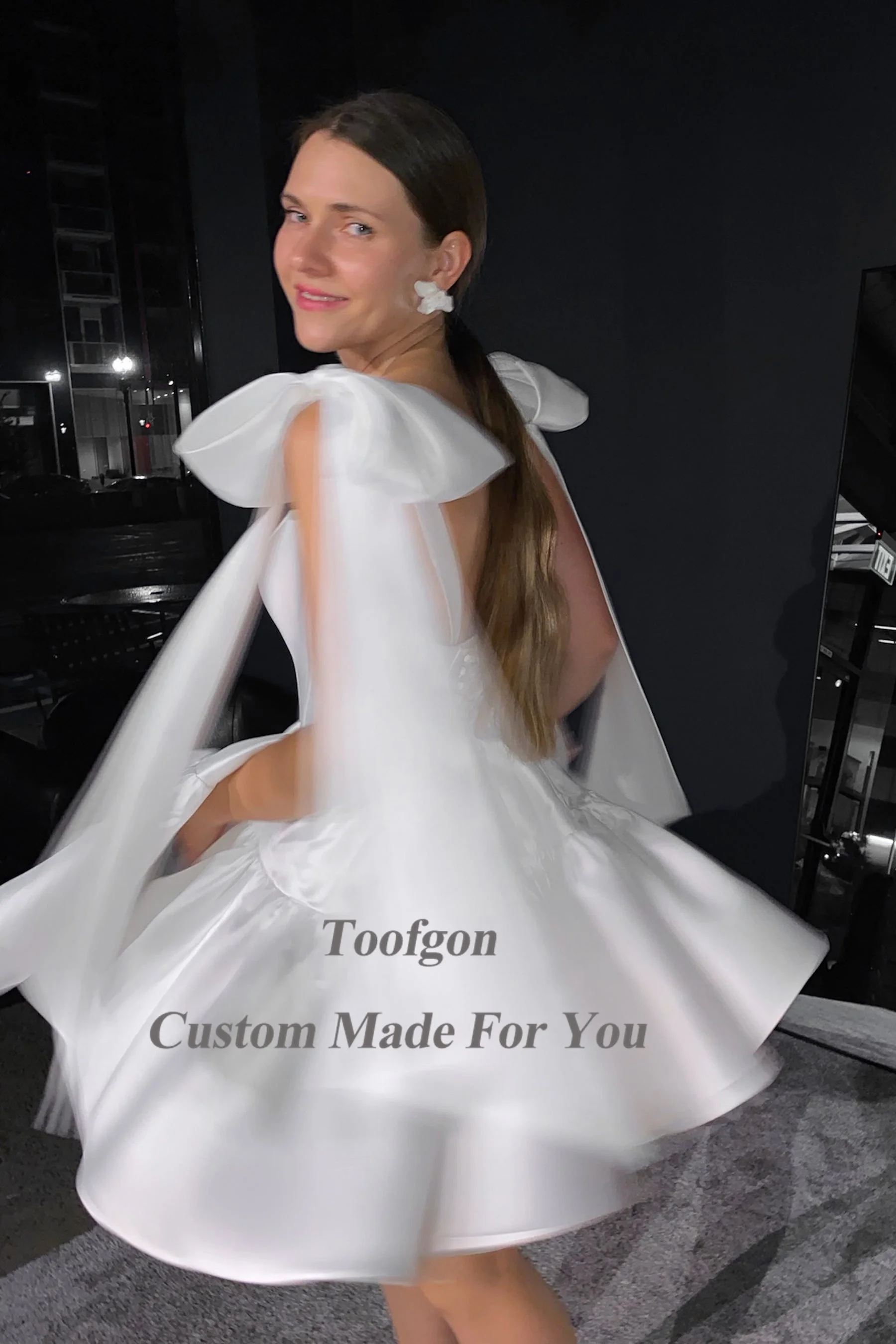 Toofgon White A Line Short Wedding Dresses Bride Bow Straps Corset Back Princess Wedding Gowns Formal Prom Party Bride Dress