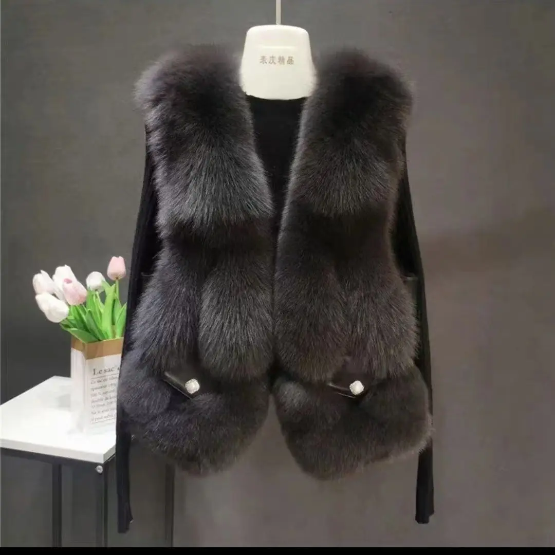 

Imitation Fox Fur Vest Women Coat 2025 Autumn Winter New Fur Vest Fashion Short Splicing Sleeveless Jacket Waistcoat Female Tops