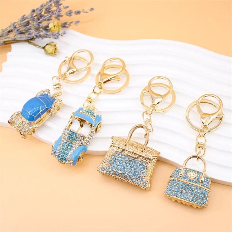 Fashion Full Blue Crystal Rhinestone Bag Shape Keychain Car Designed Mould keyrings For Car Key Decoration Accessories Keyholder