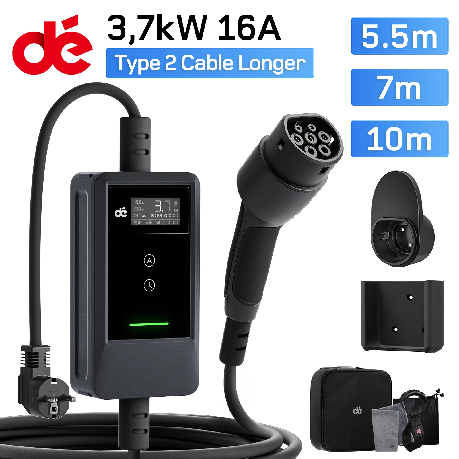 dé EV Charger 3,7kW 5.5m 7m 10m Charging Cable 16A Electric Car Type 2 Schuko Plug with Digital LCD and Wall Mounting Bracket