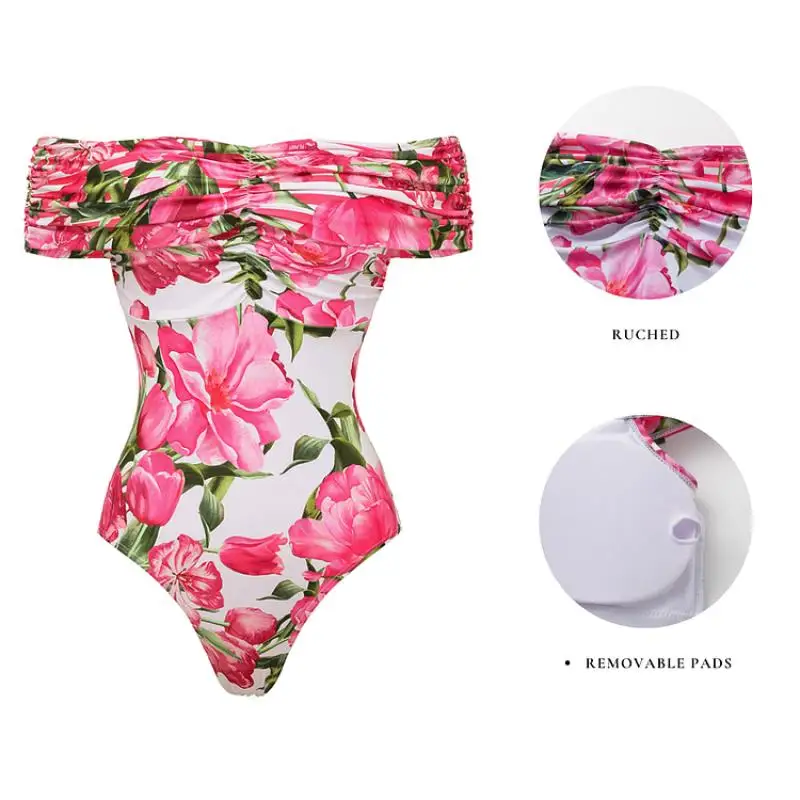 Flaxmaker 2025 One Piece Swimsuit and Skirt Summer Women Sexy Ruched Off Shoulder Flower Print Swimwear Sets Party Beachwear