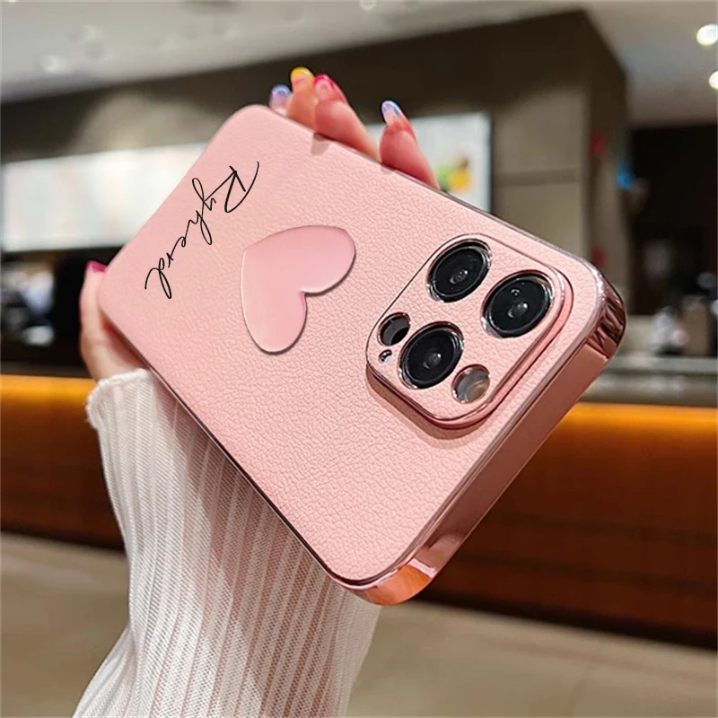 INS 3D Cute Love Heart Personalized Name Case For iPhone 11 12 13 14 15 Pro Max Luxury Korea Plating Leather Custom DIY Cover 15