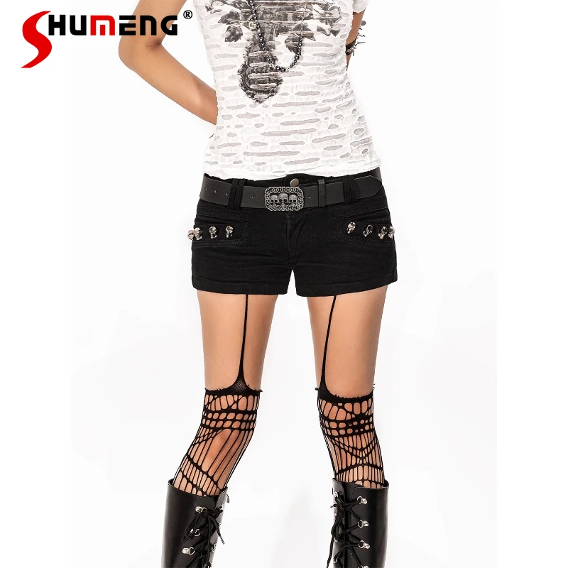 American Retro Locomotive Style Y2k Soft Girls Black Short Pants Women's Summer Sexy Hip Wrap A-line Mini Denim Shorts Clothes