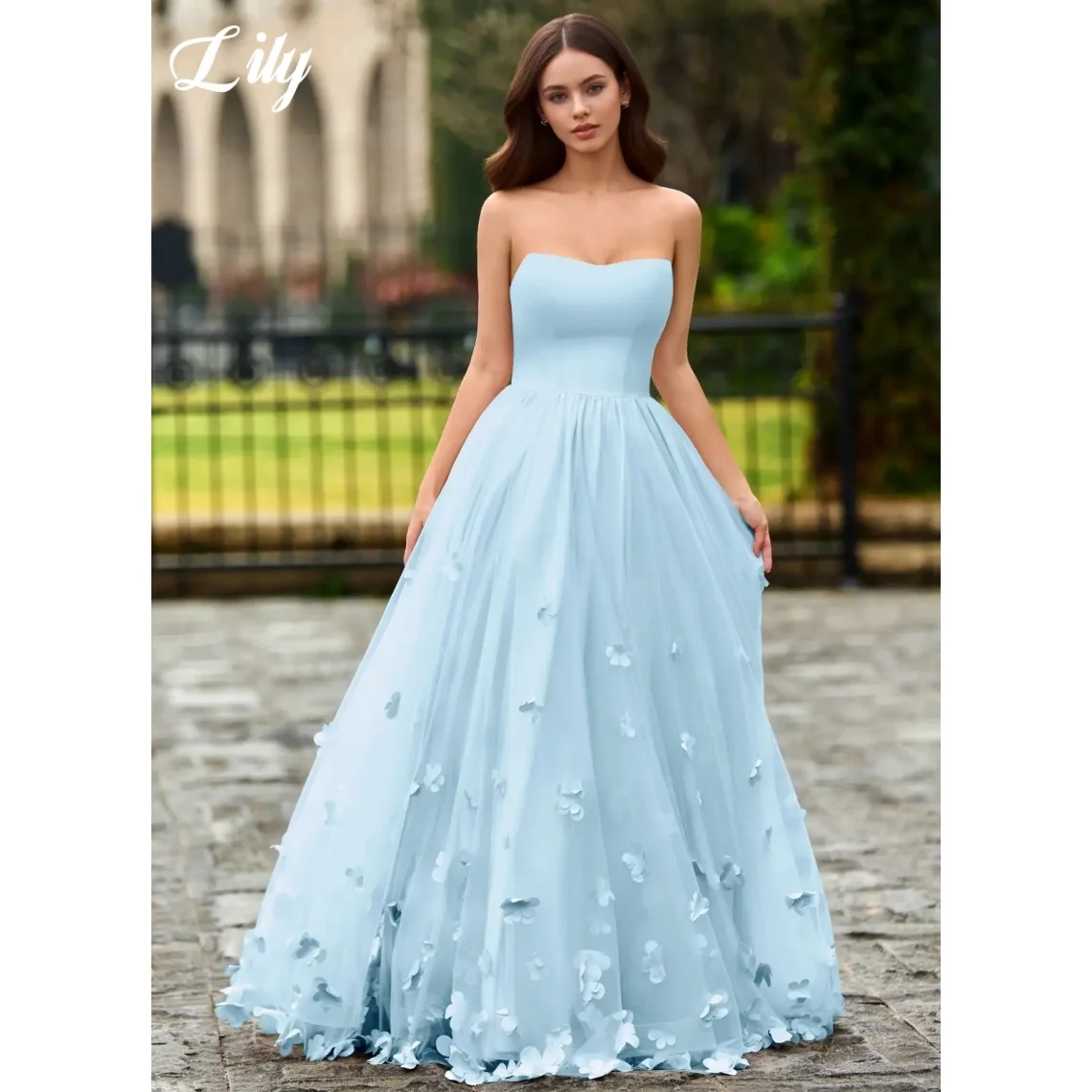 

Lily Sky Blue Prom Dress Sleeveless A-Line Evening Dress With 3D-Flowers Strapless Party Dress robe de soirée Colors Customized