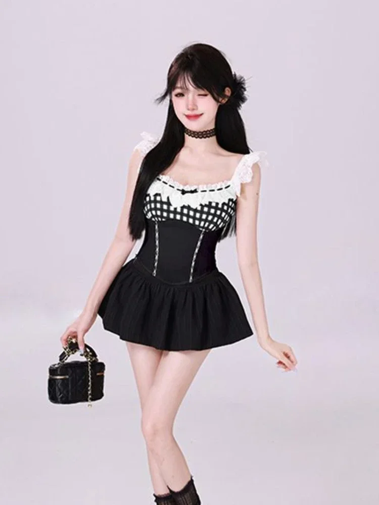 

France Fashion Slim Sling Square Neck 2 Piece Set Women Kawaii Sweet Lace Plaid Patchwork Tops Female + High Waist Short Skirt