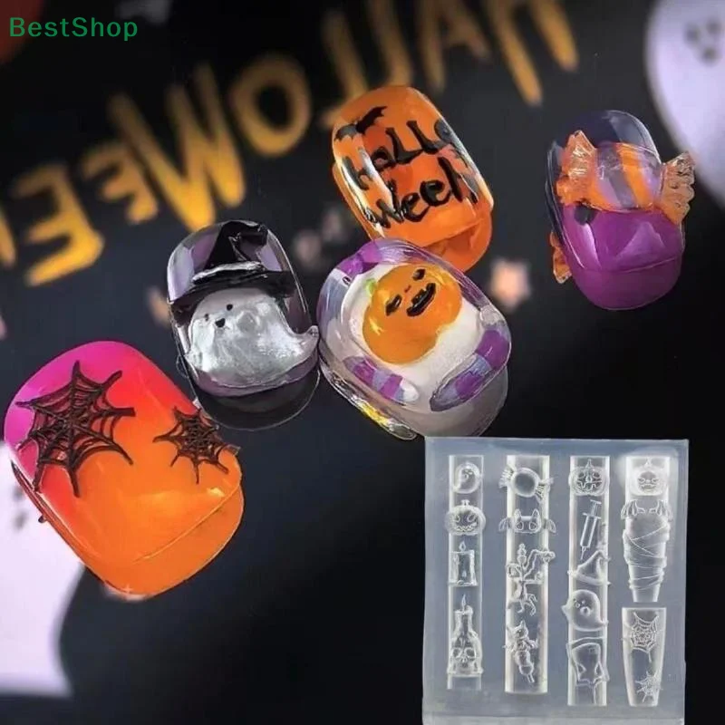 ★3D Silicone Nail Mold Halloween Pumpkin Spider Relief Mold Nail Art Decor Transparent Manicure Template
